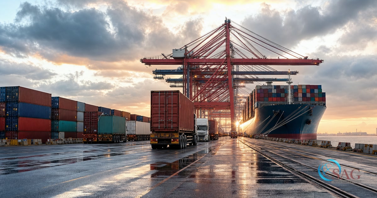 China container terminal after severe weather, illustrating port-delay and freight-cost risks in early August 2026