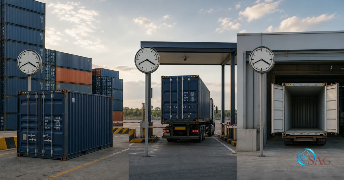 Three stages of container time at the terminal, outside the gate, and at empty return
